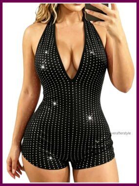 Sparkly Glitter Halter Romper Backless Slim Fit Rave Festival Club Party